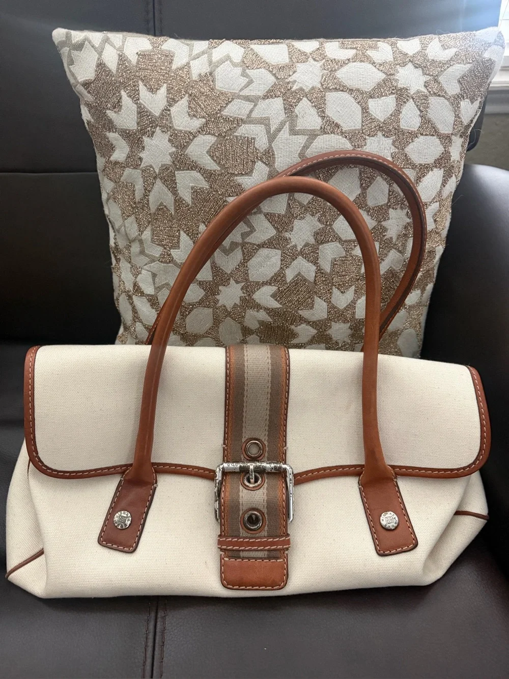 Michael Kors Cream Canvas Satchel with Brown Leather Trim
